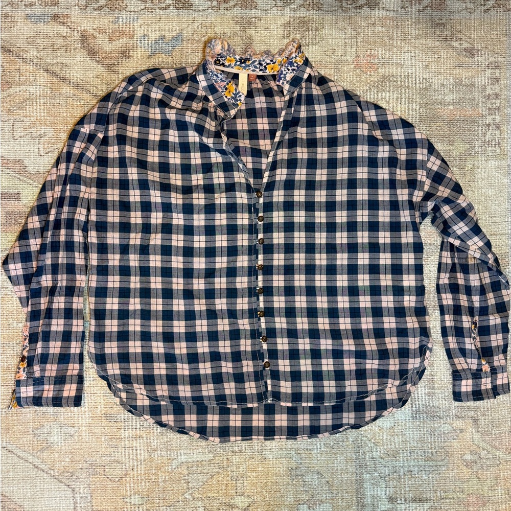 Anthropologie Womens Size S Pilcro Button Up Plaid Oversize Blue‎ Pink Check